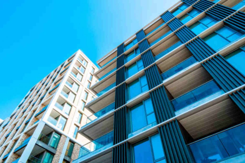riverside apartment blocks at battersea reach in london
