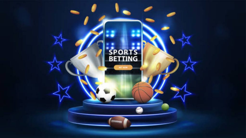 sports betting blue banner with smartphone champion cups falling gold coins and sport balls